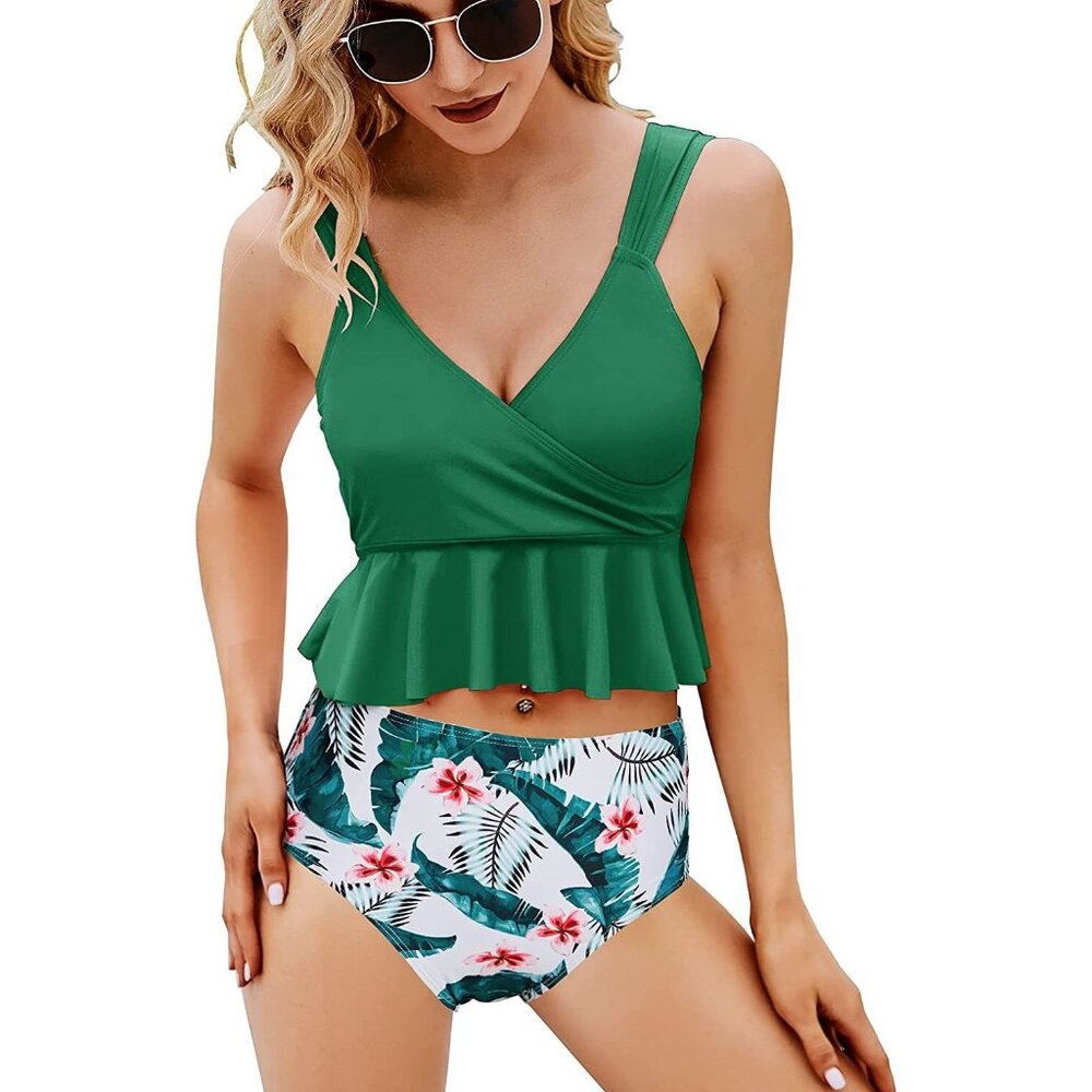 FERBIA Women XL Green Palm Print Ruffle High Waisted 2pcTankini BIKINI Swimsuit